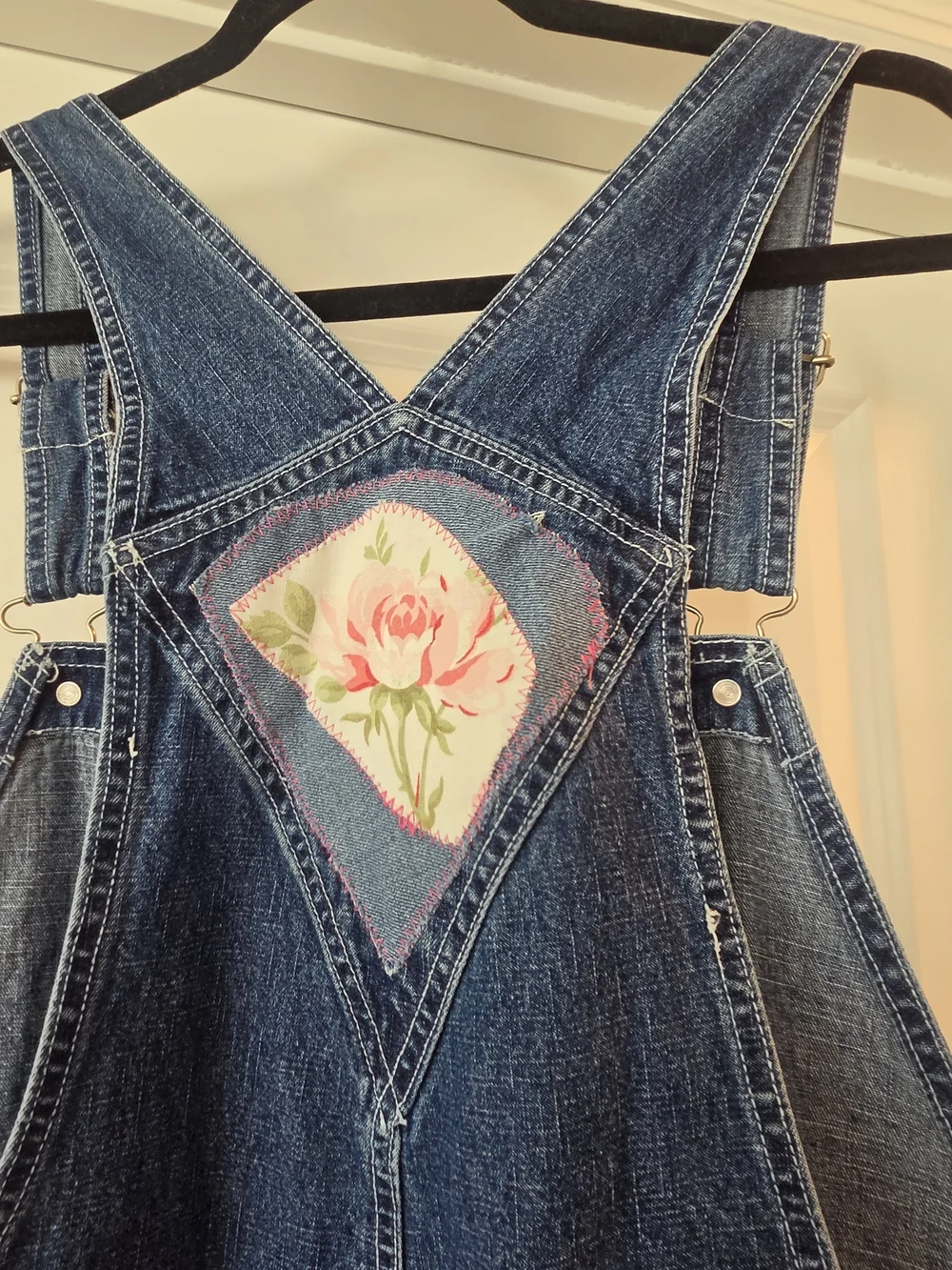 Vintage Route 66 Denim Short Overalls Floral Appliqué Boho Cottagecore Size 20